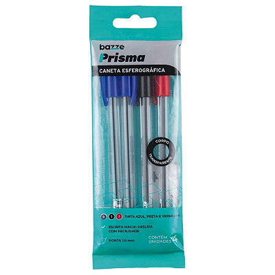 Caneta Esferográfica Prisma Bazze - 1.0mm - Cores clássicas - Blister C/4 UN