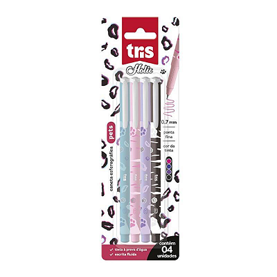 Caneta Esferográfica Holic Pets 0.7mm Cartela C/4UN Tris
