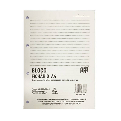 Refil Bloco Fichário A4, 96 Folhas 4 Furos, Yes