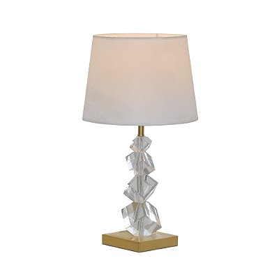 Abajur Metal Bronze e Cristal Transparente e Cùpula em linho Branco