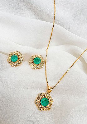 Conjunto Colar e Brinco Esmeralda - Folheado a ouro 18k