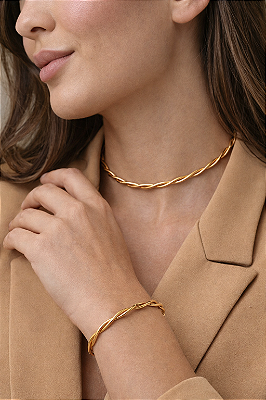 Conjunto Choker e Bracelete Torcido folheado em ouro 18k