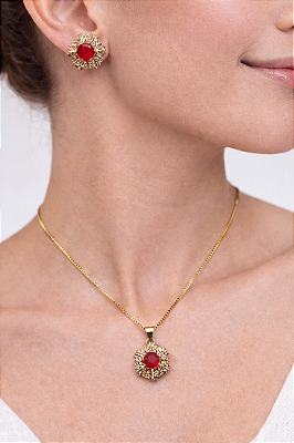 Conjunto Colar e Brinco Rosa Cereja- Folheado a ouro 18k