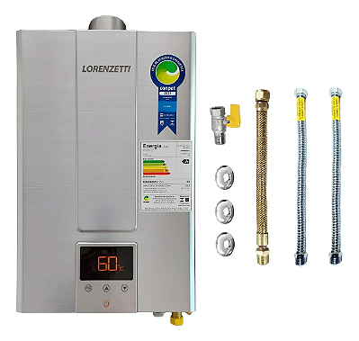 Aquecedor a Gás Lorenzetti LZ 2000DE-I 20L GLP Inox + Kit Flexíveis