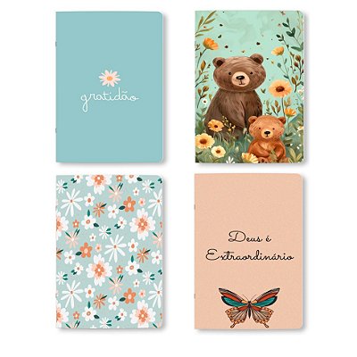 Kit 04 Cadernos Grampeados A5 ou A6, Gratidão, 80 páginas, sem pauta, 75g - Estilo Midori