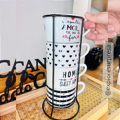 Jogo de Xícaras 200ml Empilháveis com Suporte - "Espalhe Amor"