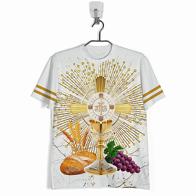 Camiseta Eucaristia Católica – Manto Cristão | Estampa Religiosa com Cálice, Hóstia, Trigo e Uvas | Tecido Tecnológico com Anti-Pilling