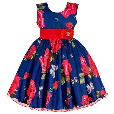 Vestido Infantil Juvenil Marinho Floral Vermelho de Festa Giovanella