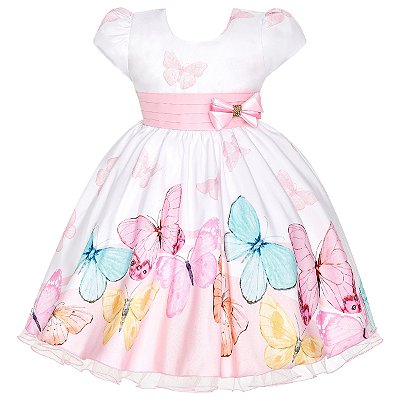 Vestido Infantil Juvenil Branco Jardim Encantado Borboletas Giovanella