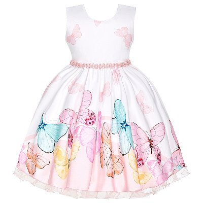 Vestido Infantil Juvenil Branco Borboletas  Jardim Encantado Giovanella