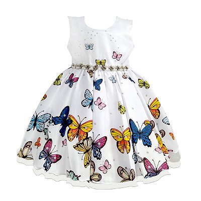 Vestido Infantil Juvenil Branco Borboletas Jardim Encantado Giovanella