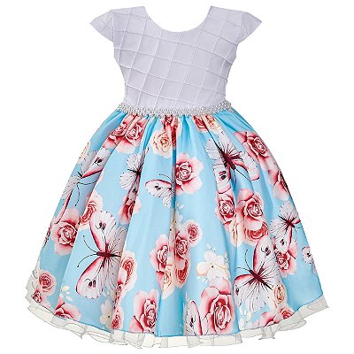 Vestido Infantil Juvenil Jardim Encantado Floral Azul Turquesa Giovanella