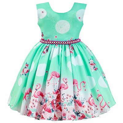 Vestido Infantil Juvenil Verde Flamingo Floral Giovanella