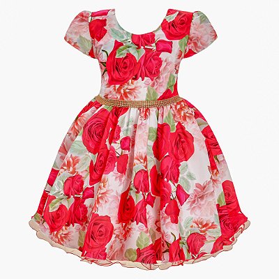 Vestido Infantil Juvenil Vermelho Floral Rosas Giovanella