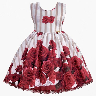 Vestido Infantil Juvenil Listrado Floral Marsala Giovanella