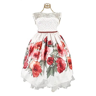 Vestido Infantil Juvenil Branco Floral Vermelho Rosas Giovanella