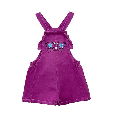 Jardineira Macaquinho Infantil Short Curto Sarja Rosa Pink V&A