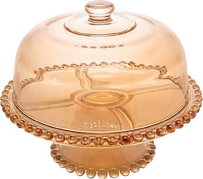Prato para bolo com pé e tampa Pearl Âmbar