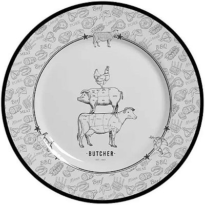 Prato sobremesa Churrasco - borda branca com desenhos - Alleanza