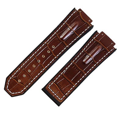 Pulseira para Relógio Compatível com Hublot King Power Couro Charuto Marrom Costura Branca