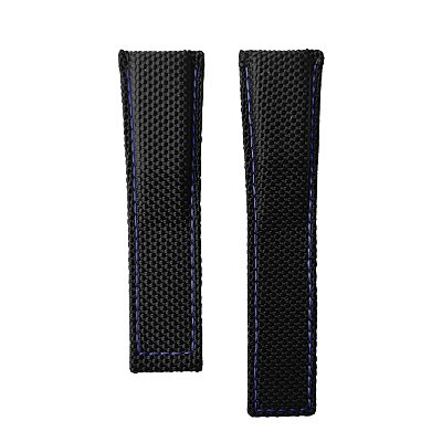 Pulseira para Relógio Compatível com Tag Heuer Nylon Preto e Costura Azul Encaixe 24mm/ Fivela 20mm