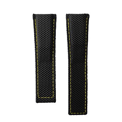 Pulseira para Relógio Compatível com Tag Heuer Nylon Preto e Costura Amarelo Encaixe 22mm/ Fivela 20mm