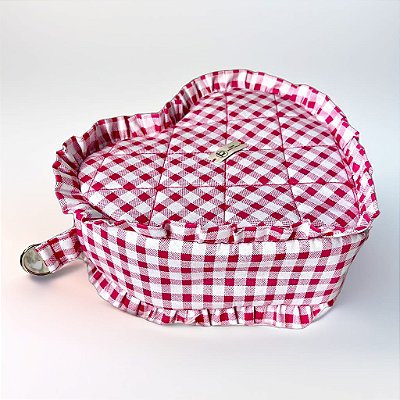 Necessaire feminina em formato de coração - Xadrez rosa com babado