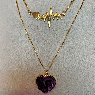 Colar Duplo Frequência do Coração -  Ametista  Bruto Roxo Banhado a ouro a Ouro