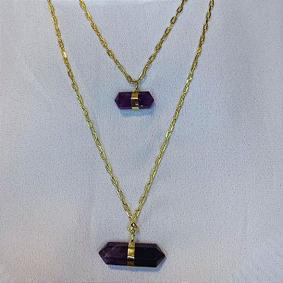 Colar Duplo de Pedra Bruta Quartzo Roxo  Banhado Ouro