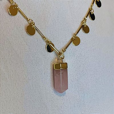 Colar de Pedra Bruta Quartzo Rosa  Banhado Ouro