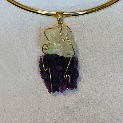 Colar Choker com Pingente duplo - Ametista Com Cristal  Bruto  Banhado Ouro