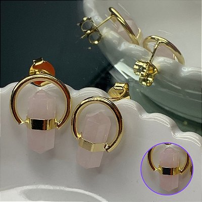 Brinco Quartzo Bruto Rosa Banhado Ouro - Ponta Biterminada