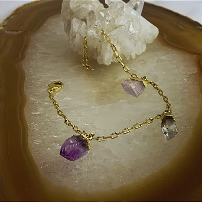 Pulseira com 3 Pedras Brutas sortidas- Banhado Ouro
