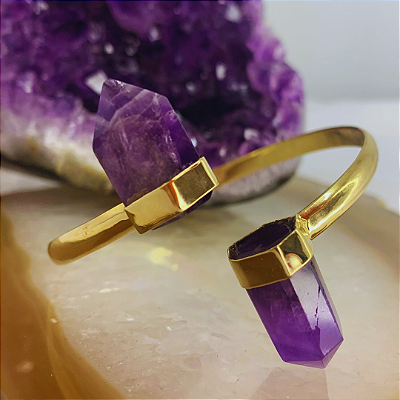 Pulseira Bracelet de Ametista em Pedra Bruta Banhado Ouro