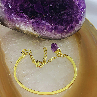 Pulseira Bracelete de Ametista em Pedra Bruta Banhado Ouro