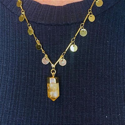 Colar com medalhas de Citrino Joia Banhado Ouro