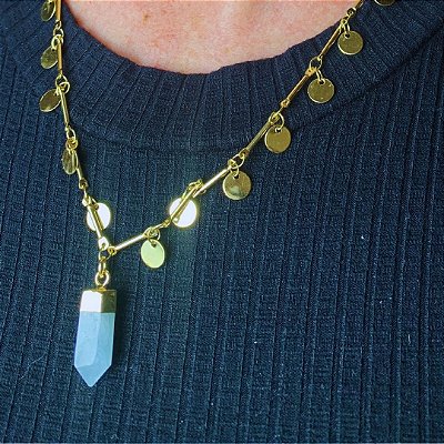 Colar de Medalha Quartzo Azul com corrente  Banhado Ouro