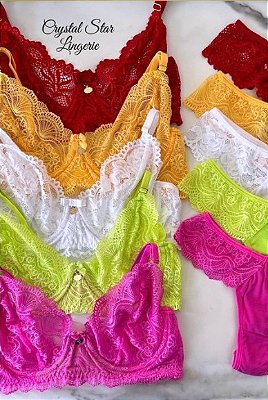 CONJUNTO SEM BOJO E COM ARO,SENDO TODO EM RENDA E RECORTES EM TULE,COM CALCINHA FIO DUPLO