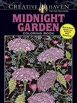 Creative Haven Midnight Garden Coloring Book: Heart & Flower Designs On A Dramatic Black Background-..