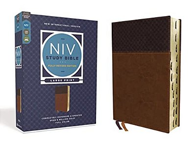 Niv Study Bible, Fully Revised Edition, Large Print, Leathersoft, Brown, Red Letter, Thumb Indexed, Comfort Print-..