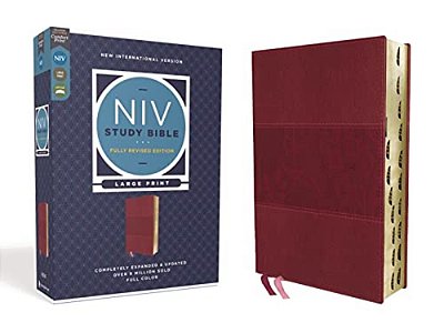 Niv Study Bible, Fully Revised Edition, Large Print, Leathersoft, Burgundy, Red Letter, Thumb Indexed, Comfort Print-..