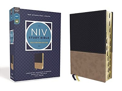 Niv Study Bible, Fully Revised Edition, Leathersoft, Navy/Tan, Red Letter, Thumb Indexed, Comfort Print-..