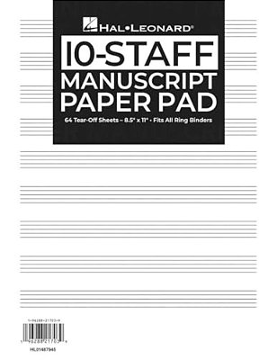Hal Leonard Manuscript Paper 10-Staff Paper Pad - 64 Tear-Off Sheets, Fits All Ring Binders Blank Sheet Music Staff Paper For All Instruments Standard-..