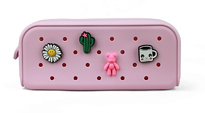 ESTOJO ESCOLAR SILICONE C/ 4 PINGENTES ROSA