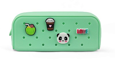 ESTOJO ESCOLAR SILICONE C/ 4 PINGENTES VERDE
