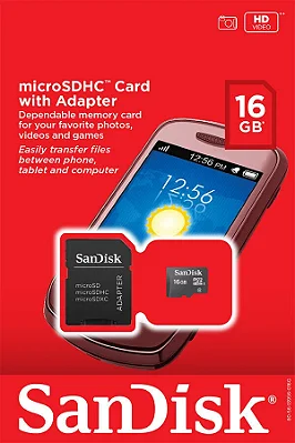 CARTÃO MEMÓRIA MICRO SD 16GB COM ADAPTADOR - SANDISK