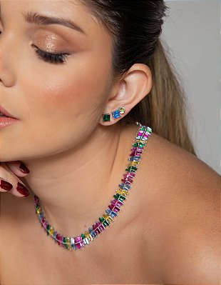 Colar zirconias coloridas banho rodio branco