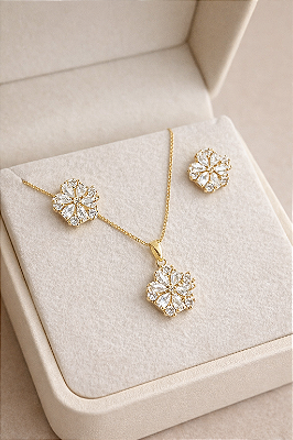 Conjunto zirconia banho ouro 18k