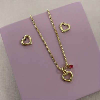 Conjunto brinco e colar infantil coração