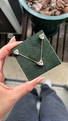 Conjunto zirconia coração banho ouro 18k